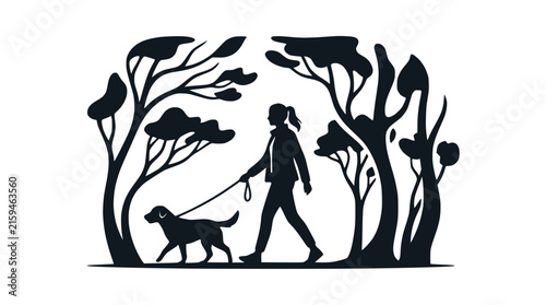 Silhouette of a woman walking her dog in a forest