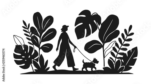 Silhouette of a woman walking her dog in nature