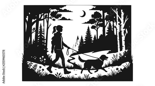 Silhouette of a Woman Walking Her Dog in the Forest