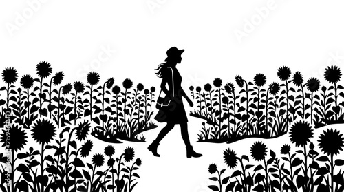 Silhouette of a woman walking through a sunflower field