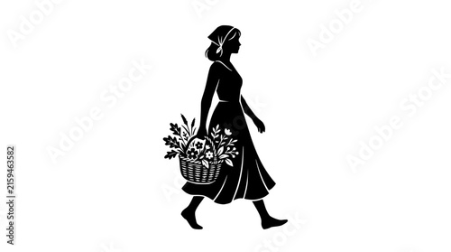 Silhouette of a Woman Walking With a Flower Basket