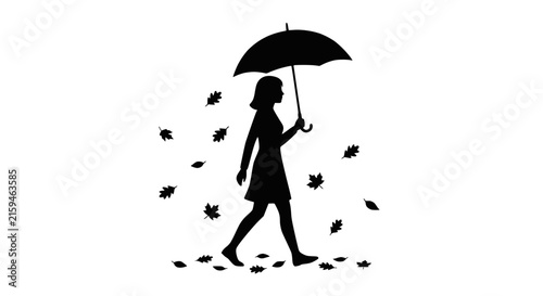 Silhouette of a Woman Walking with an Umbrella in Autumn