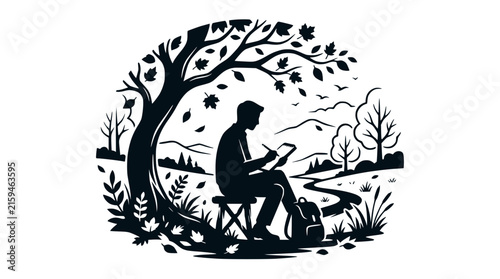 Silhouette of an Artist Sketching in a Peaceful Nature Landscape