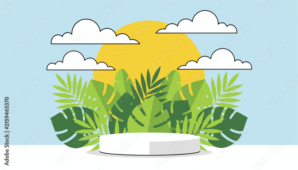 Fototapeta premium Empty white podium for product presentation set in front of lush tropical green leaves and a bright rising sun.