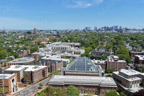 Aerial view of Cambridge and Harvard University with historic churches and Boston skyline, Massachusetts, USA. g.