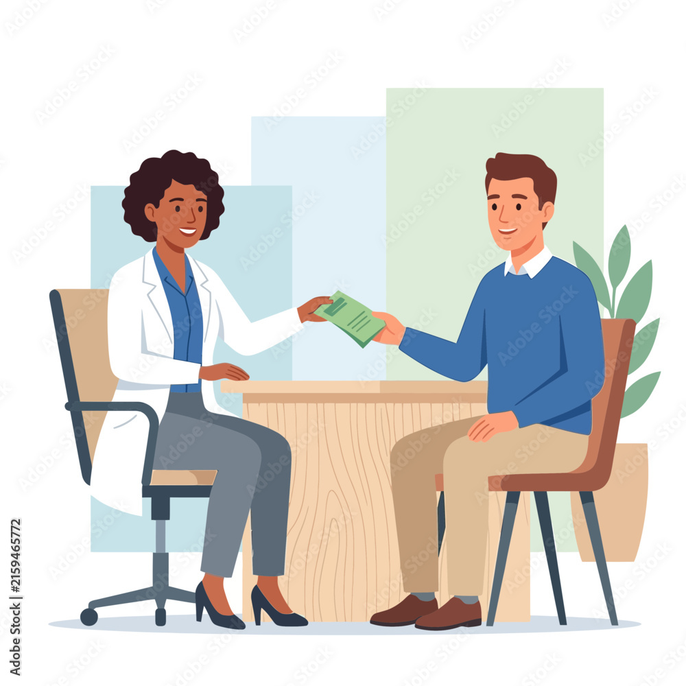 Fototapeta premium Doctor handing prescription to patient in modern medical office, flat vector illustration.