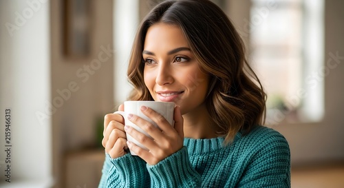 Smiling young woman with wavy brown hair holding a white ceramic mug of hot coffee or tea while wearing a cozy teal knitted sweater