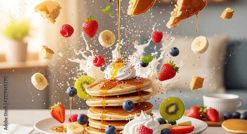 Stack of fluffy pancakes with pouring maple syrup, whipped cream, fresh strawberries, blueberries, kiwi slices, and banana pieces flying