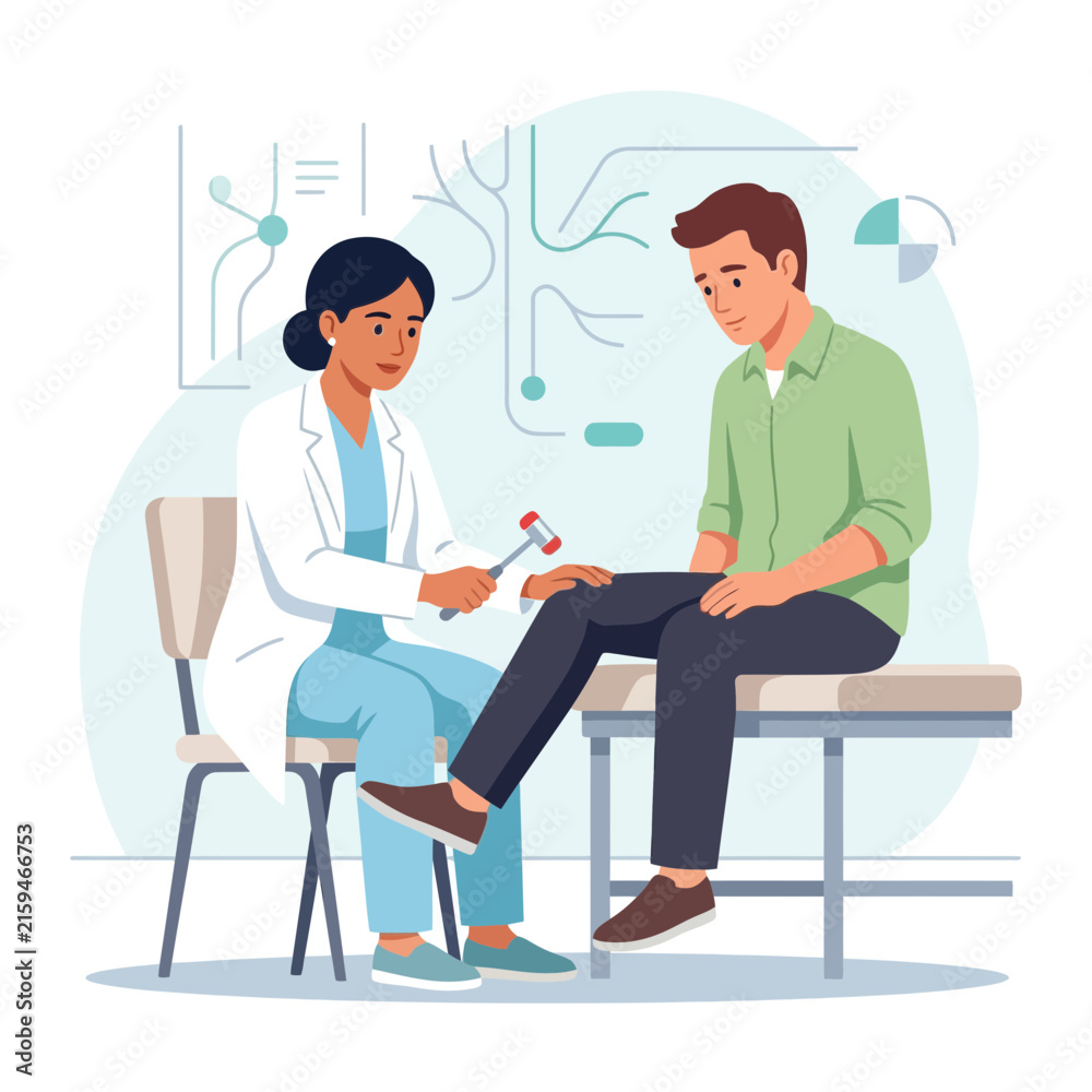 Obraz premium Doctor performs reflex test on patient using reflex hammer, simple flat vector illustration.