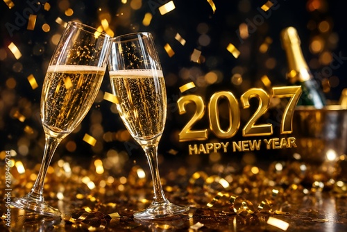 Two champagne glasses toasting for New Year 2027 celebration with golden confetti background