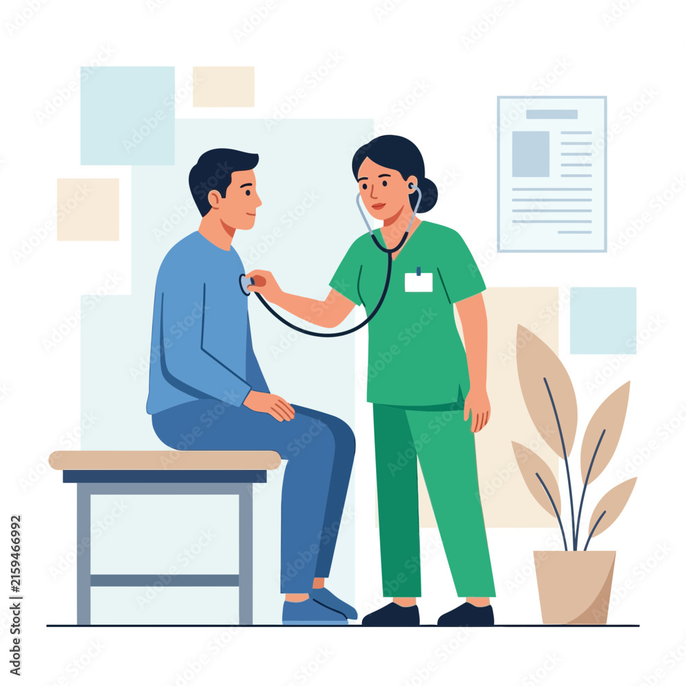 Obraz premium Doctor with Stethoscope Examining Patient in Clinic - Flat Illustration
