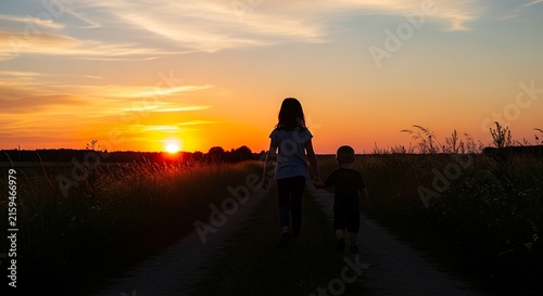 Two children walking hand in hand along a dirt path in a grassy field during a vibrant orange sunset in the countryside at dusk