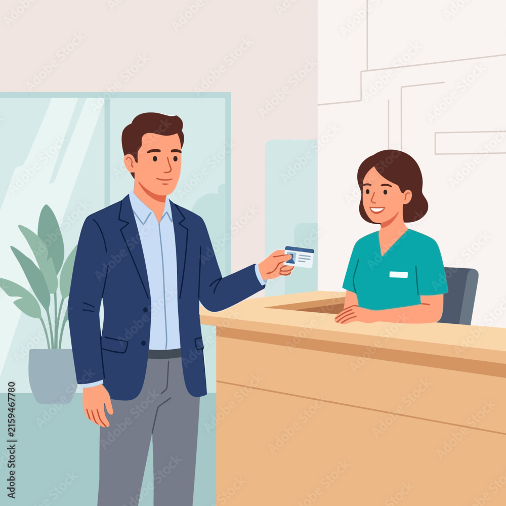 Fototapeta premium Man presenting identification card to smiling receptionist at a counter. Modern vector illustration for business and healthcare settings.