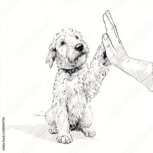 Dog paw high five with hand