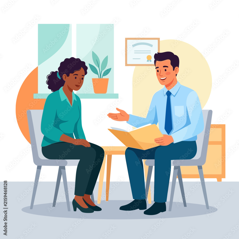 Obraz premium Professional Consultation: Therapist Discussing with Patient, Mental Health Support, Flat Design