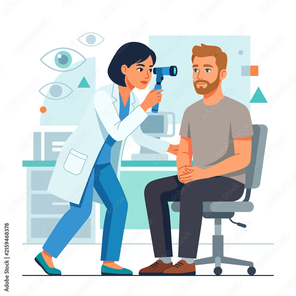Fototapeta premium Ophthalmologist examining patient's eye with ophthalmoscope in clinic, flat vector illustration