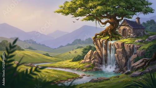 A beautiful fantasy landscape featuring a magical tree house built into a cliffside overlooking a serene waterfall and valley