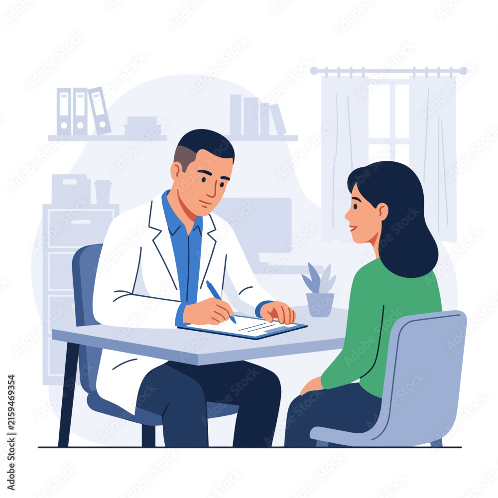 Fototapeta premium Doctor Consulting Patient in Clinic Office, Doctor Writes Notes on Clipboard