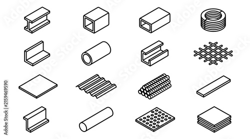 Vector line set of icons related with rolled metal. Contains monochrome icons like girder, metal, steel, armature, pipe and more. Simple outline sign.