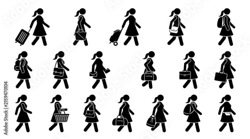 Vector illustration set of women walking with various bags and luggage in simple flat style