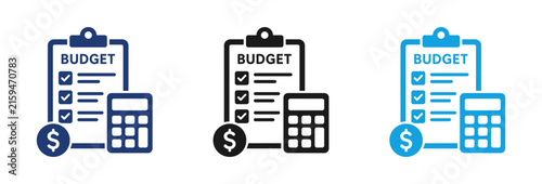 A set of three business budget icons featuring a clipboard with checklist calculator and currency symbol for financial management and accounting concepts