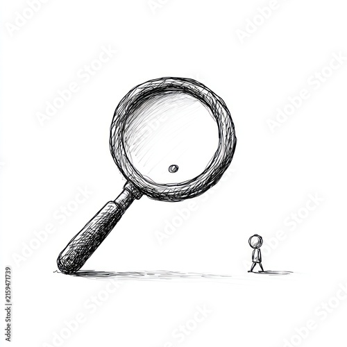 Magnifying glass observing small figure
