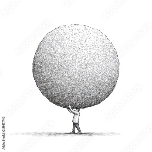 Man carrying large sphere on back