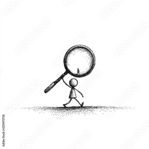 Figure holding magnifying glass observing person