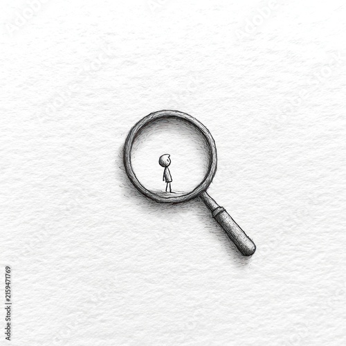 Magnifying glass examining small figure