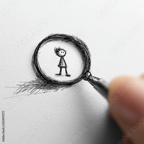 Magnifying glass examining small figure sketch
