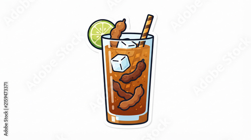 Refreshing tamarind juice illustration in a glass with ice, lime, and pods. Sweet and sour tropical beverage concept for summer drink visuals and healthy lifestyle designs