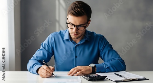 Professional businessman signing important contract documents while sitting at his office desk wearing glasses