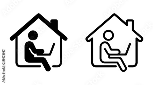 Remote work icon set featuring a person using a laptop inside a house outline