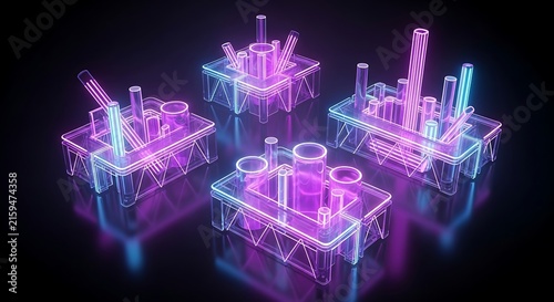 Neon glowing laboratory equipment and chemical test tubes on futuristic transparent holographic platforms