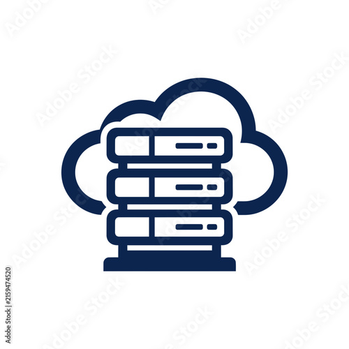 A dark blue icon showing a server rack inside a cloud