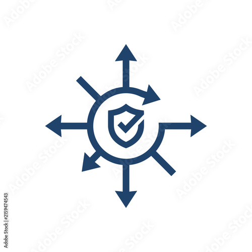 A dark blue icon showing a shield surrounded by many arrows