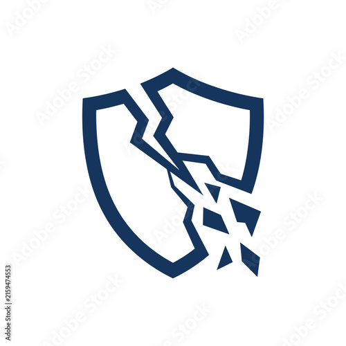 A dark blue icon showing a shield that is breaking apart