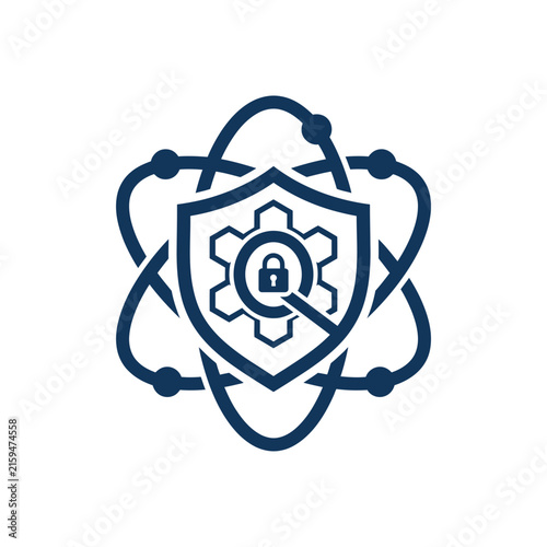 A dark blue icon showing a shield with a gear and lock