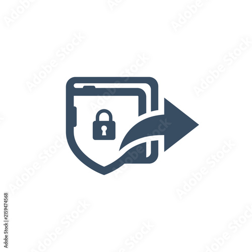 A dark blue icon showing a shield with a secure lock