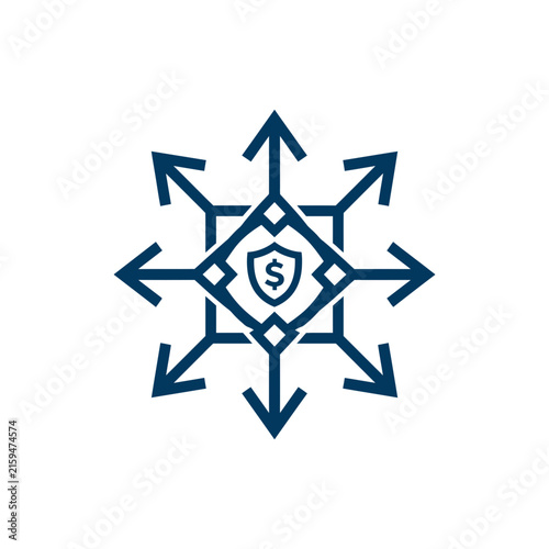 A dark blue icon showing a shield with currency symbol