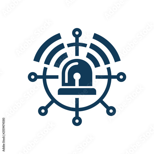 A dark blue icon showing a signal beacon with network nodes
