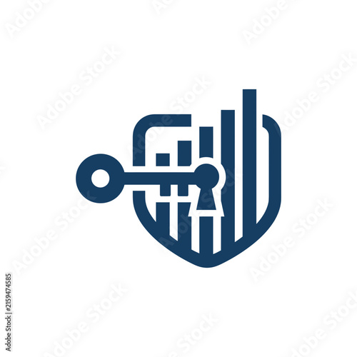 A dark blue icon showing a shield with a key symbol
