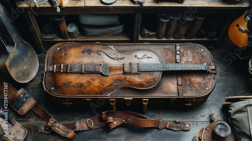 Vintage Leather Guitar Case and Instrument in Workshop