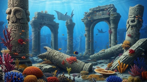Underwater Ruins of an Ancient Civilization with Coral Reefs and Marine Life