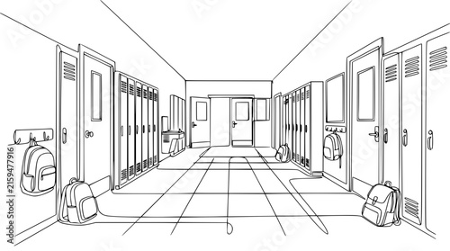 School hallway with lockers and doors, line art drawing, perspective view