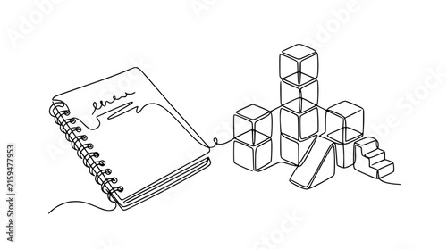 Continuous line drawing of notebook and building blocks