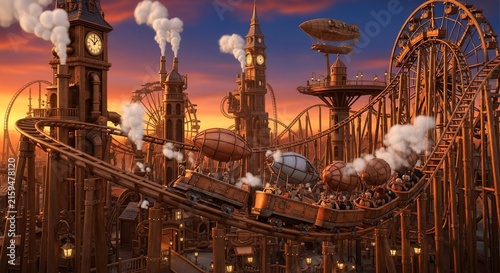 Steampunk Theme Park Adventure with Rollercoaster and Clock Towers