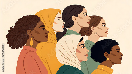 Diverse group of women looking forward, flat vector illustration of female empowerment.