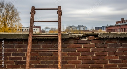 Rusty Metal Ladder Leaning Against Old Brick Wall