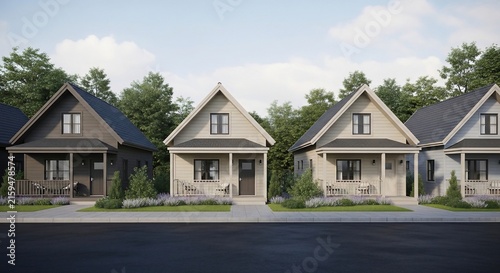 Row of Modern Suburban Tiny Houses with Front Porches